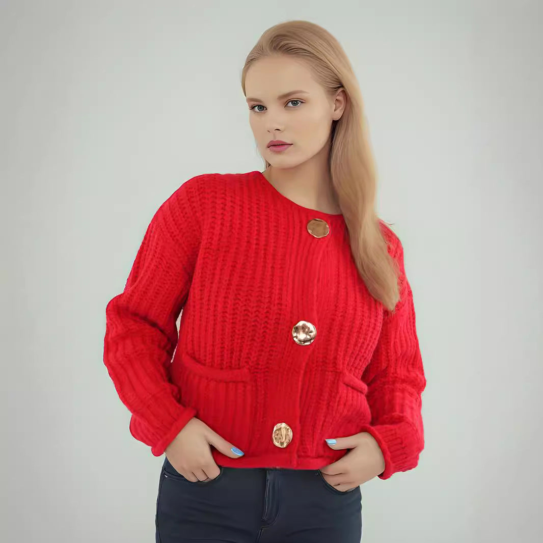 Damen Strickjacke mit kreativen Knopfdetails und seitlichen Taschen R&B