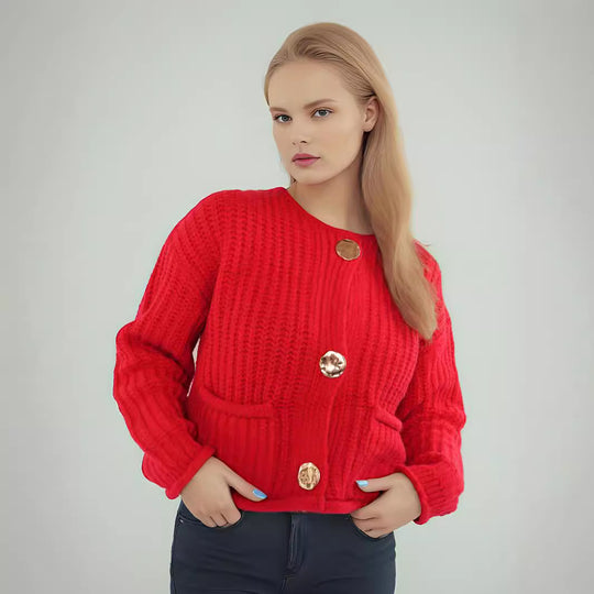 Damen Strickjacke mit kreativen Knopfdetails und seitlichen Taschen R&B