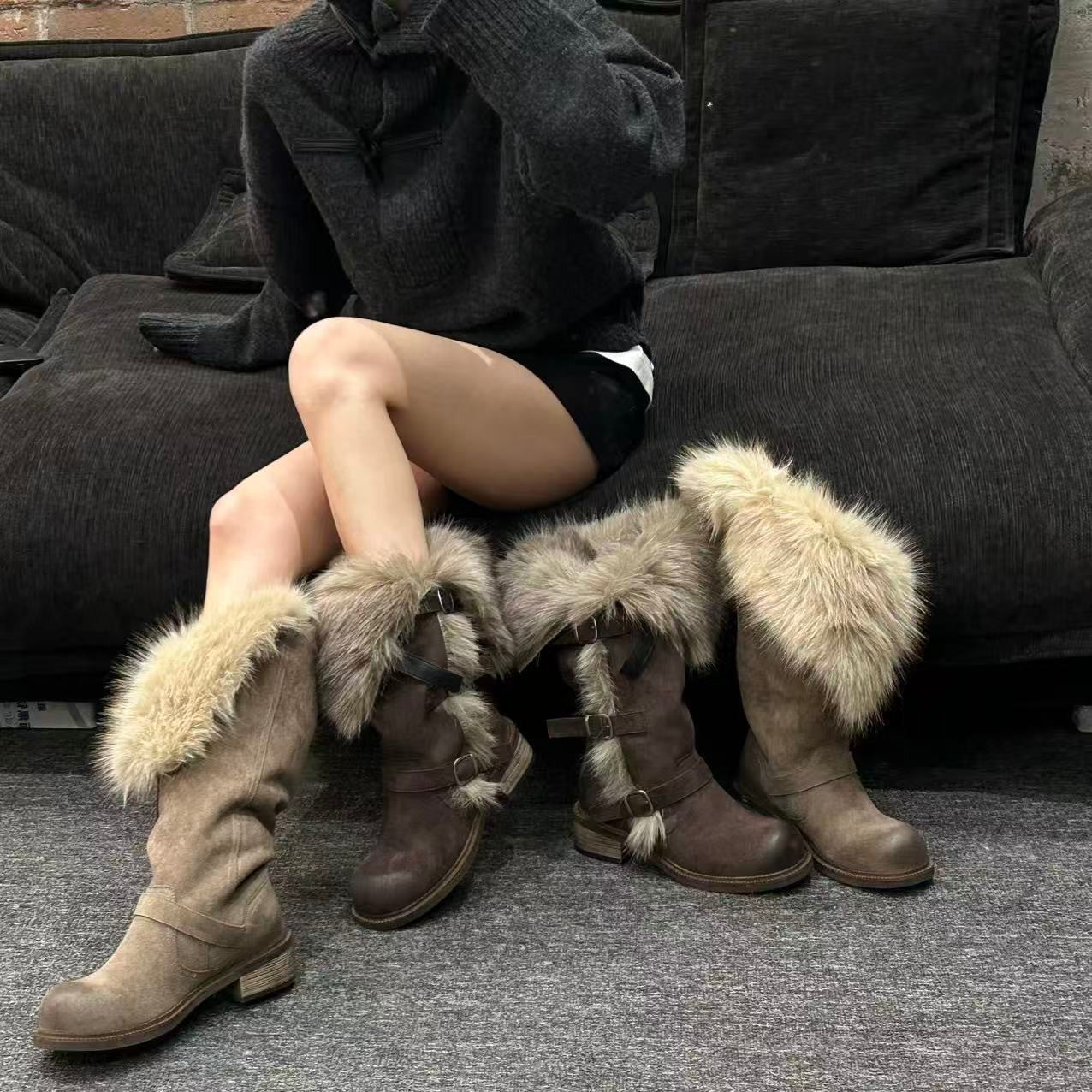 Damen Winterstiefel mit flauschigem Kunstfellkragen und modischen Schnallen R&B