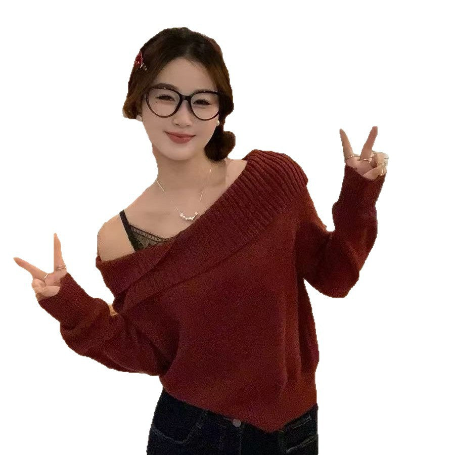 Damen lässiger Strickpullover mit Off-Shoulder-Design und modernen Rippdetails