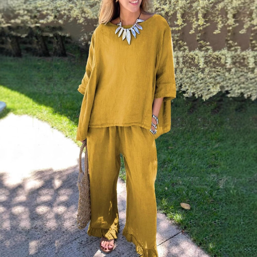 Damen lässiges Leinen-Outfit mit weitem Schnitt und angeschnittenen Ärmeln R&B