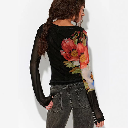 Damen Langarmshirt mit floralem Musterdruck und transparentem Stoff R&B
