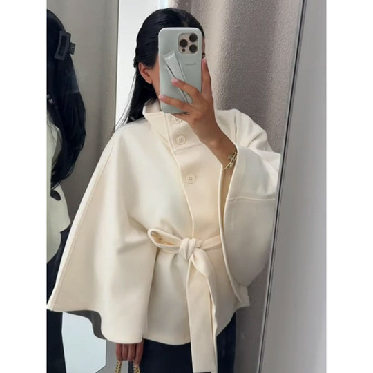 Damen elegante Cape-Jacke mit Knoten-Detail und voluminösen Ärmeln R&B