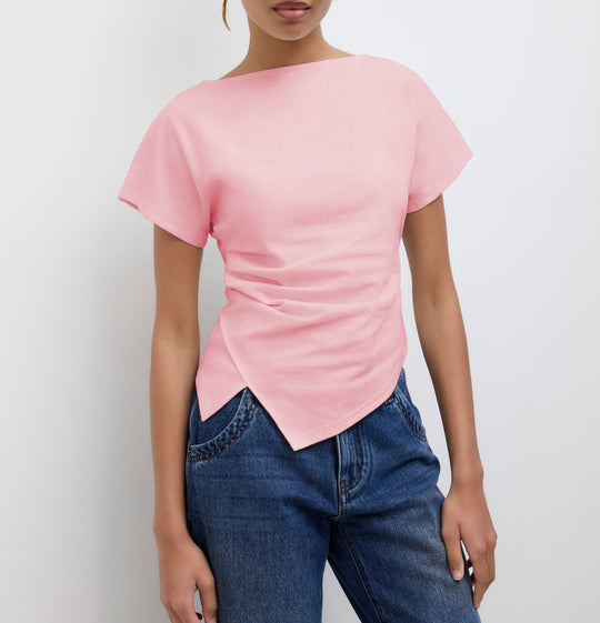 Damen Cropped T-Shirt mit asymmetrischem Schnitt und dekorativem Drapierungseffekt R&B