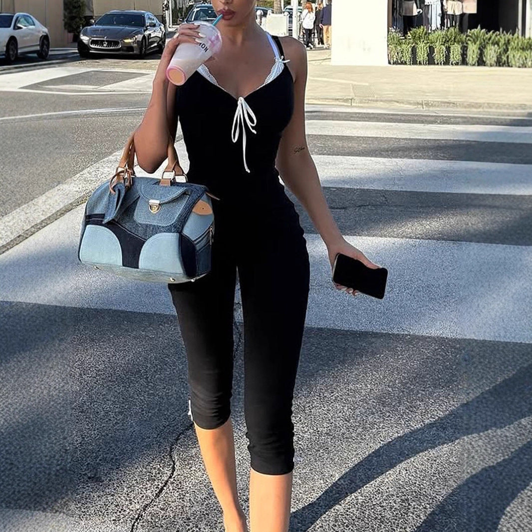 Damen bodenlanger Jumpsuit mit zarten Rüschendetails und verstellbaren Trägern EB