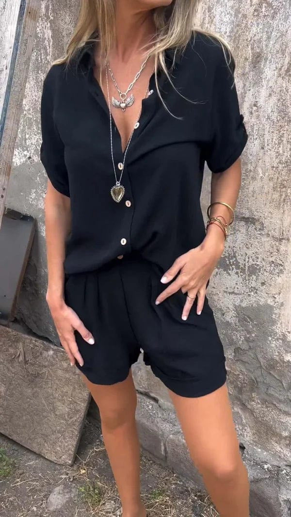 Damen Kurzoverall mit elegantem Hemdkragen und Taillengürtel R&B