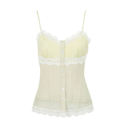 Damen Spaghettiträger Bluse mit Spitzenakzenten und Knopfdetail R&B