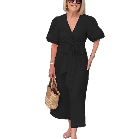 Damen Maxikleid mit eleganten Puffärmeln und Taillenknoten R&B