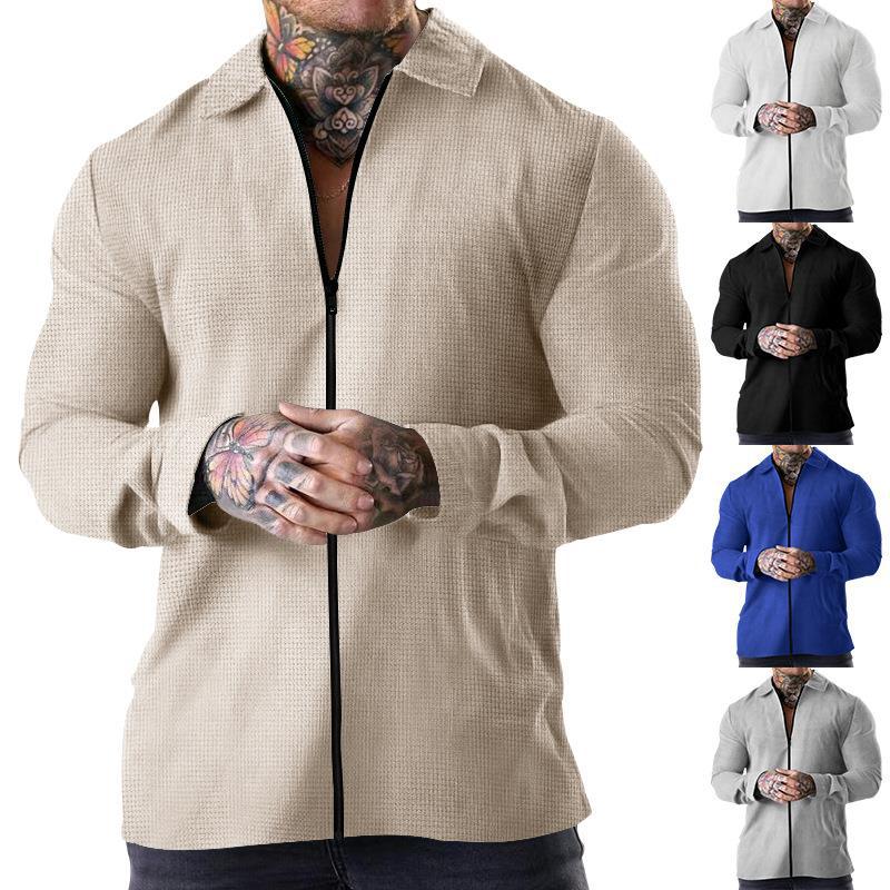 Herren lässiges Kurzarm-Hemd mit strukturiertem Design und modernem Reißverschluss R&B
