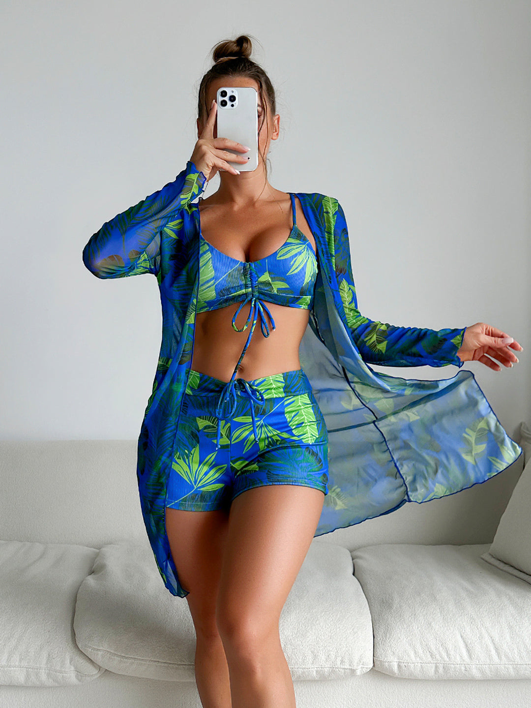 Damen Bikiniset mit luftiger Wickeljacke und floralem Muster R&B