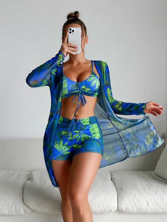 Damen Bikiniset mit luftiger Wickeljacke und floralem Muster R&B