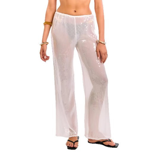 Damen Elegante Pailletten-Hose mit transparentem Chiffon und weitem Schnitt R&B