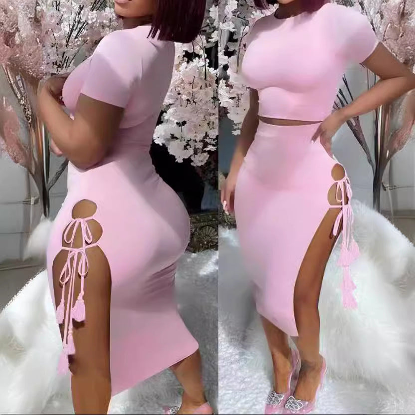 Damen elegantes Midi-Kleid mit verspielten Cut-Outs und dekorativen Fransen R&B