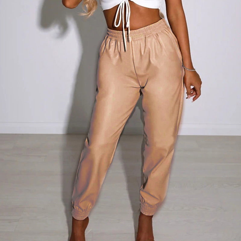 Damen Bequeme Kunstleder Jogginghose R&B