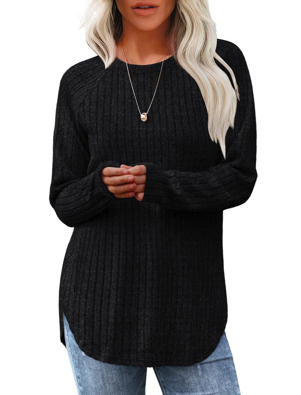 Damen lässiges Rippenstrickshirt mit langem Arm und Seitenschlitzen R&B