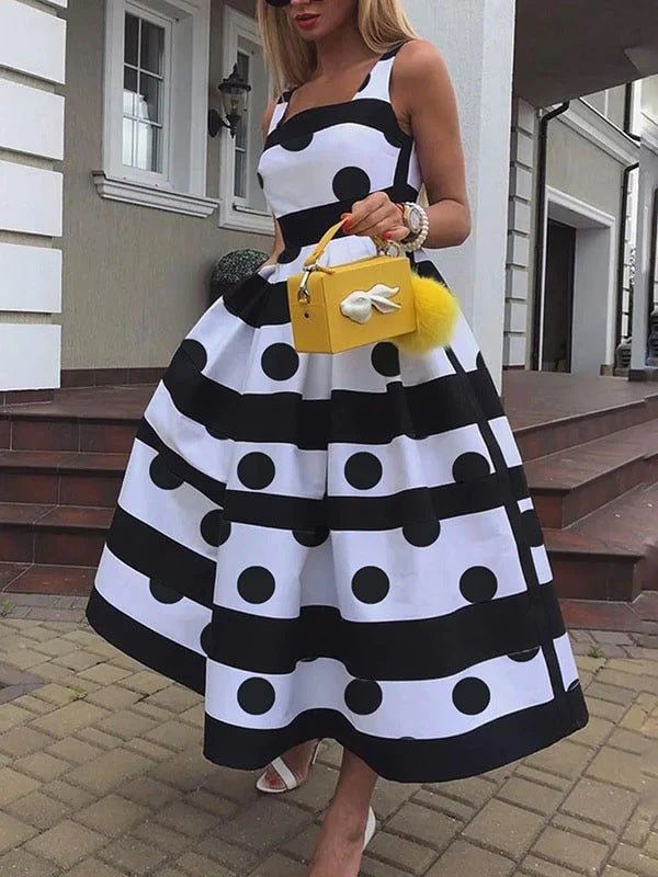 Damen Elegantes Midi-Kleid mit strukturiertem Polka-Dot-Design und schwingendem Rock R&B