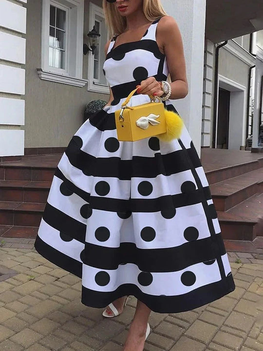 Damen Elegantes Midi-Kleid mit strukturiertem Polka-Dot-Design und schwingendem Rock R&B