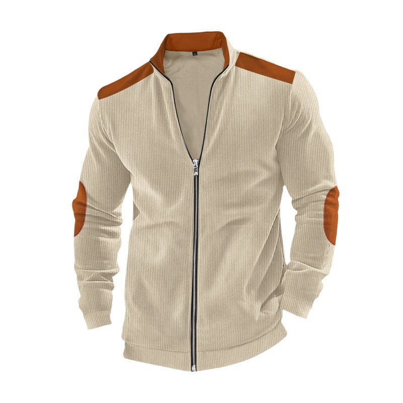 Herren nan Stehkragen-Sweatjacke mit feiner Rippstruktur, Ellbogen-Patches und kontrastierenden Schulterdetails R&B