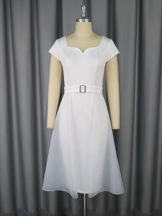 Damen stilvolles A-Linien Kleid mit schickem Tüllüberwurf und dekorativem Taillengürtel R&B