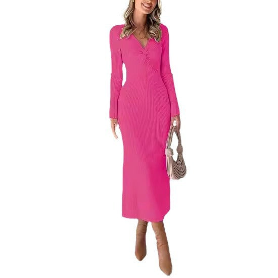 Damen elegantes Midikleid mit V-Ausschnitt und strukturiertem Rippdesign R&B