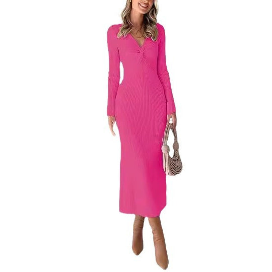 Damen elegantes Midikleid mit V-Ausschnitt und strukturiertem Rippdesign R&B
