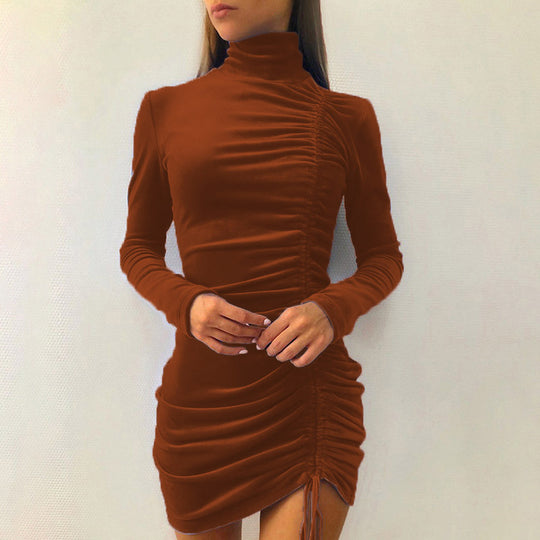 Damen elegantes Samt-Minikleid mit hohem Kragen und raffiniertem Raffungseffekt R&B