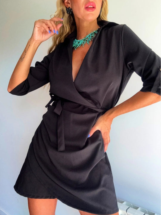 Damen Wickelkleid mit tiefem V-Ausschnitt und Taillengürtel R&B