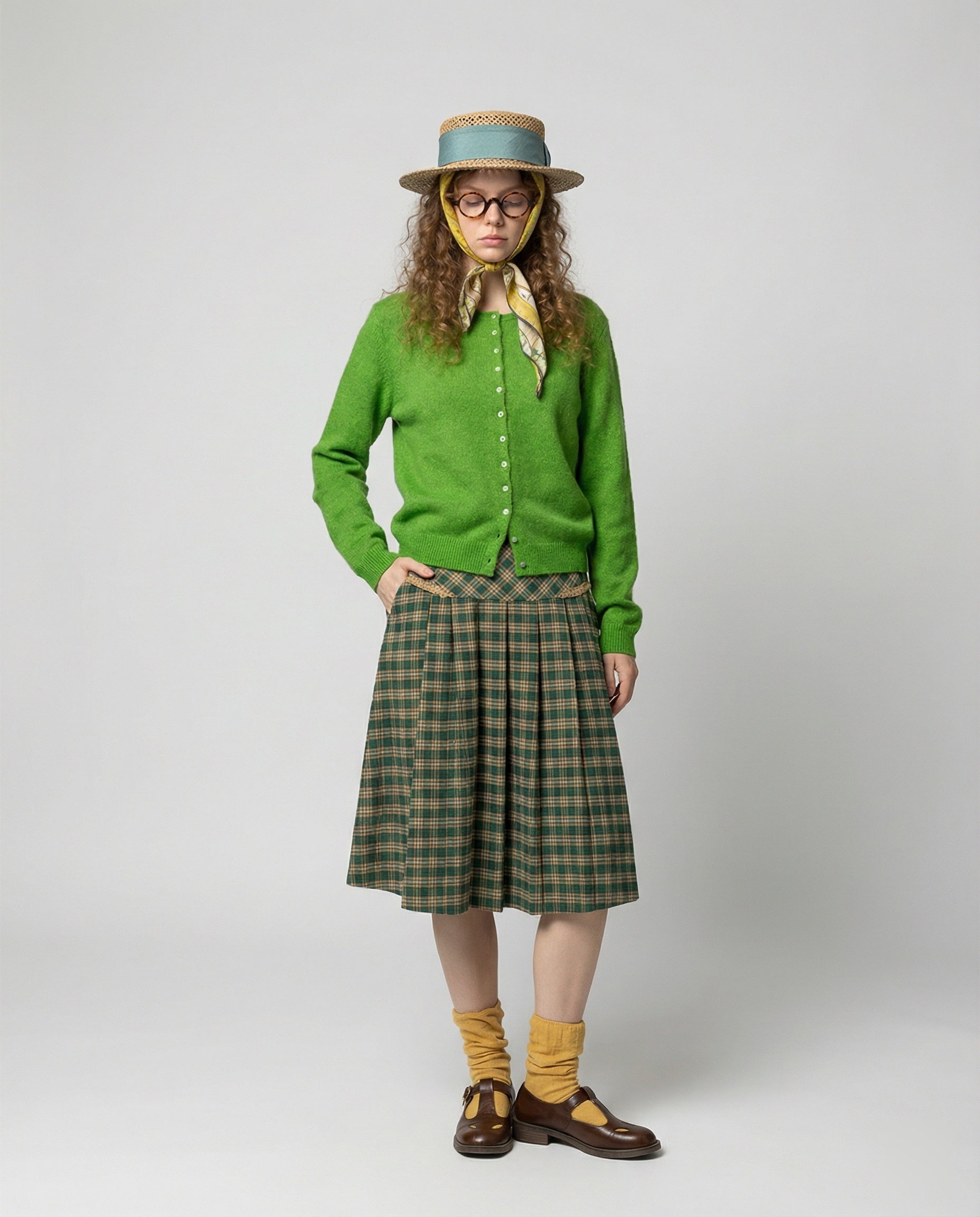 Retro Strickjacke Grün mit Perlenknöpfen Slim Fit Cardigan