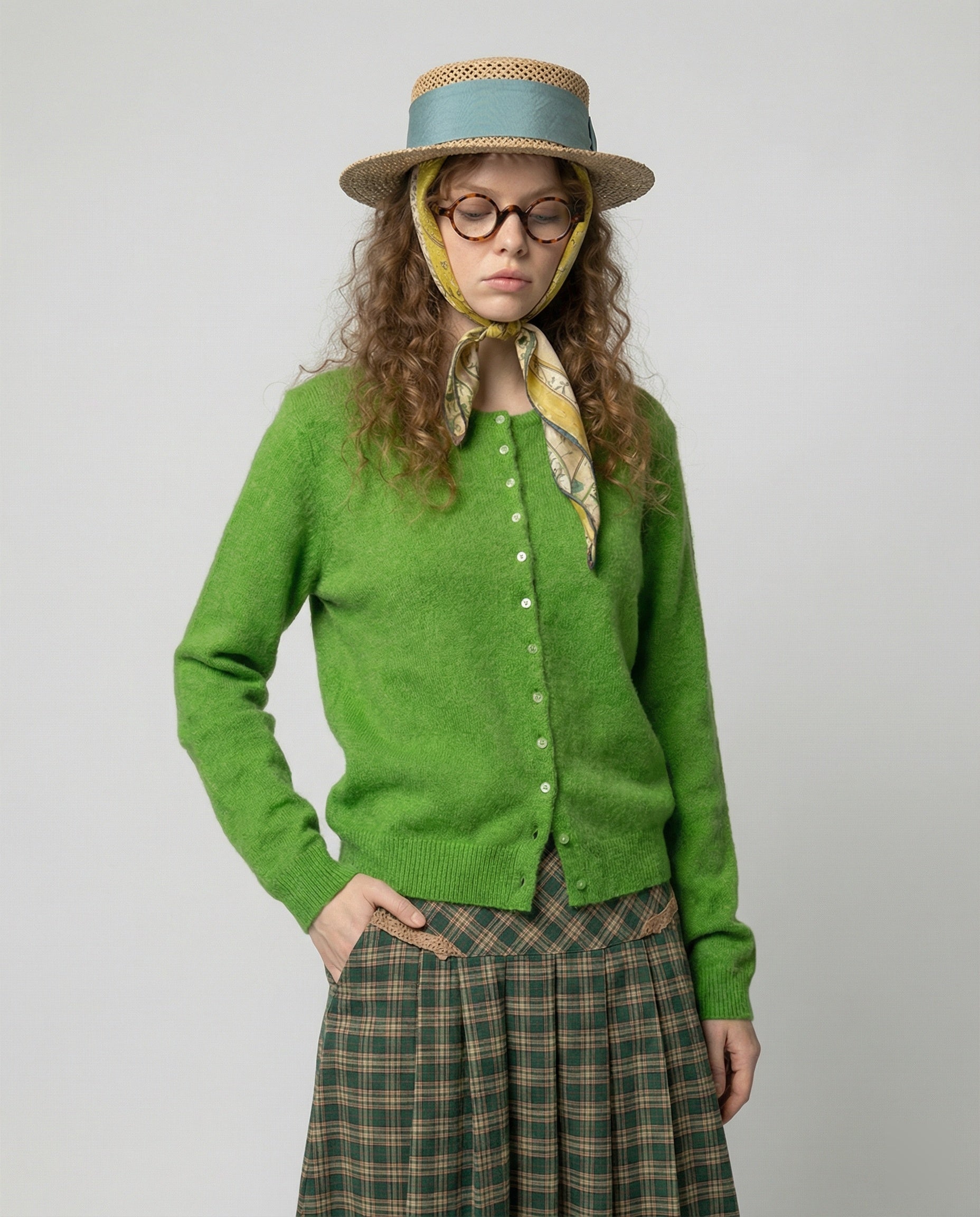 Retro Strickjacke Grün mit Perlenknöpfen Slim Fit Cardigan
