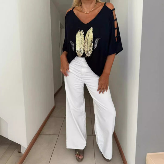 Damen oversized T-Shirt mit eleganter Stickerei und offenen Schultern Heidi-Mode