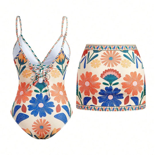 Damen Badeanzug mit floralem Design und abnehmbarem Rock R&B