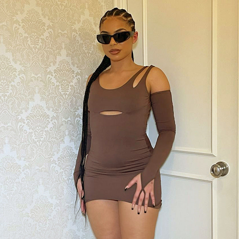 Damen Bodycon Kleid mit asymmetrischen Ärmeln