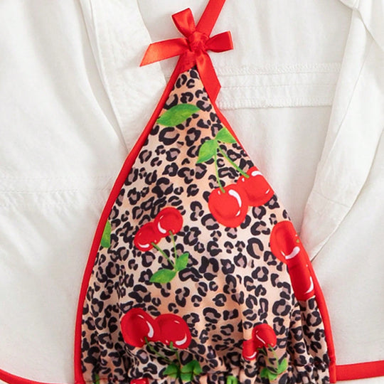 Damen Triangel-Bikini mit floralem Kirschmuster und verspielten Details R&B