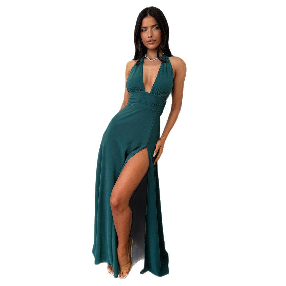 Damen Maxi Kleid mit tiefem V-Ausschnitt und hohem Beinschlitz R&B