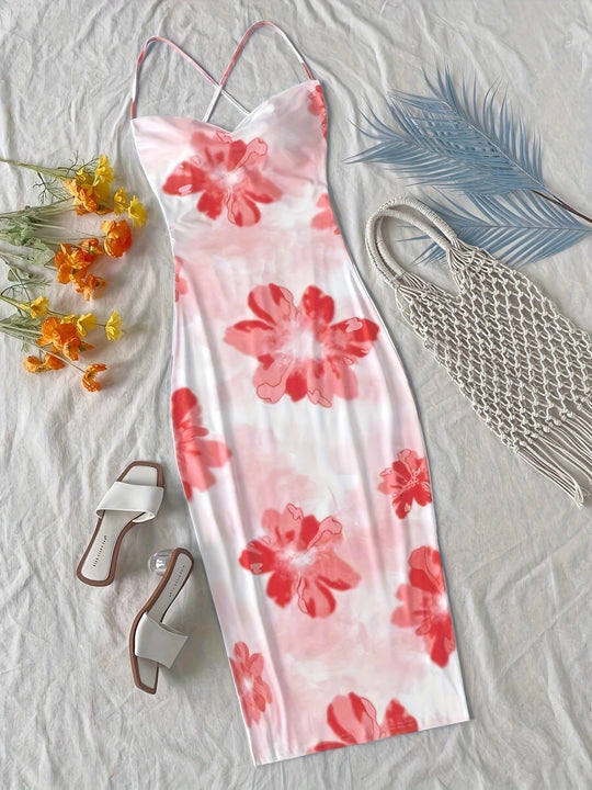 Damen figurbetontes Maxikleid mit attraktiven Spaghettiträgern und floralen Mustern R&B