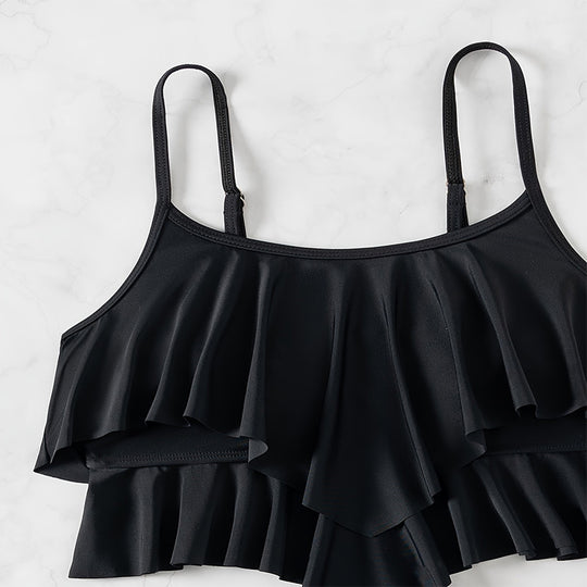 Damen Crop-Top-Bikini mit voluminösen Rüschendetails und hoch tailliertem Slip R&B