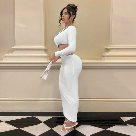 Damen Longsleeve Maxi-Kleid mit sexy Cut-Outs und figurbetontem Schnitt R&B