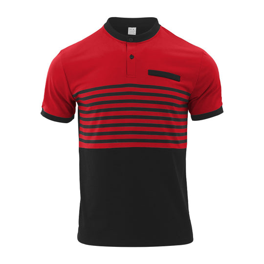 Herren nan kurzärmeliges Streifen-Kurzarmshirt mit Knopfleiste, Stehkragen und Brustpaspel R&B