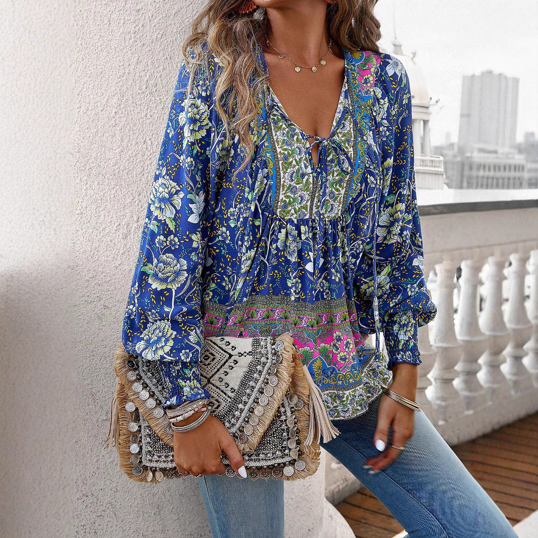 Damen Boho-Bluse mit Schleifenverzierung und floralen Mustern R&B