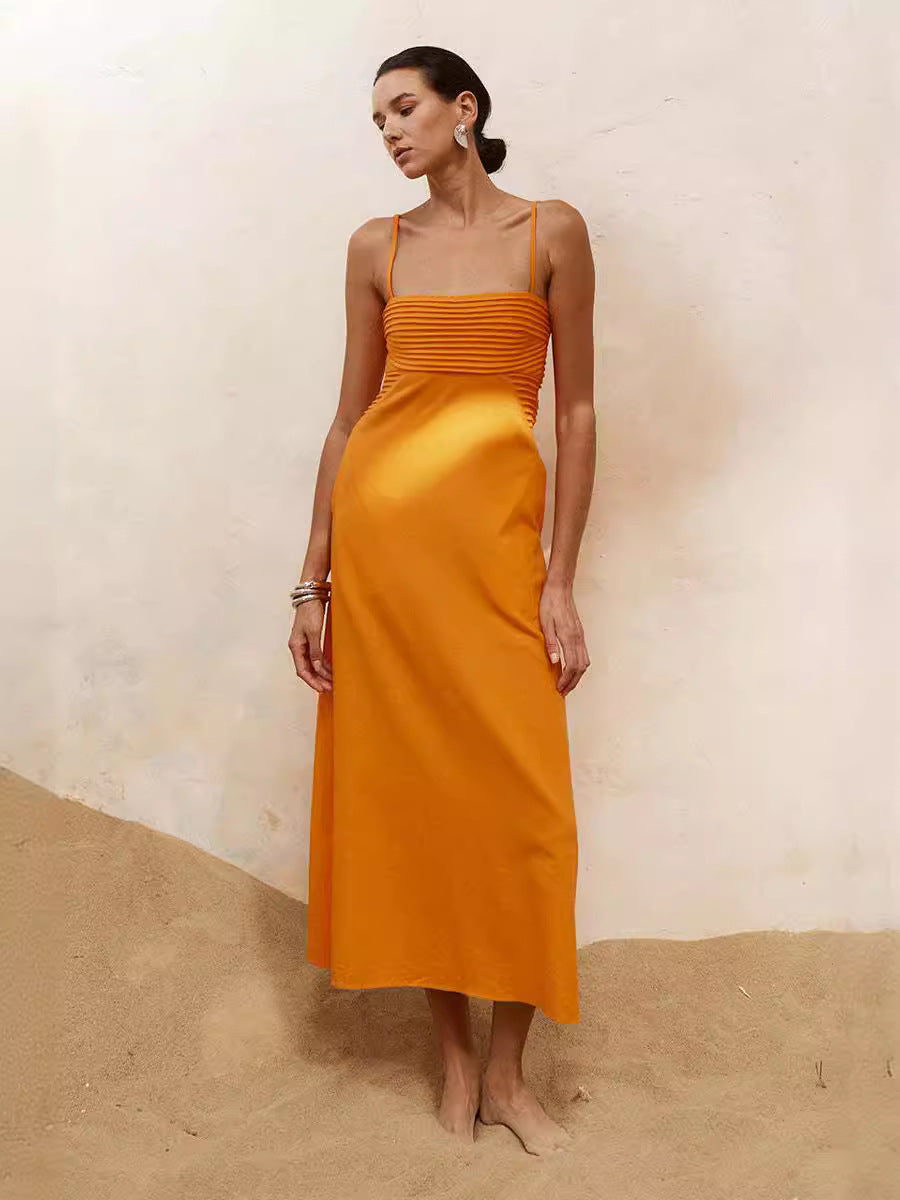 Damen sommerliches Maxikleid mit Raffungen und Spaghettiträgern R&B