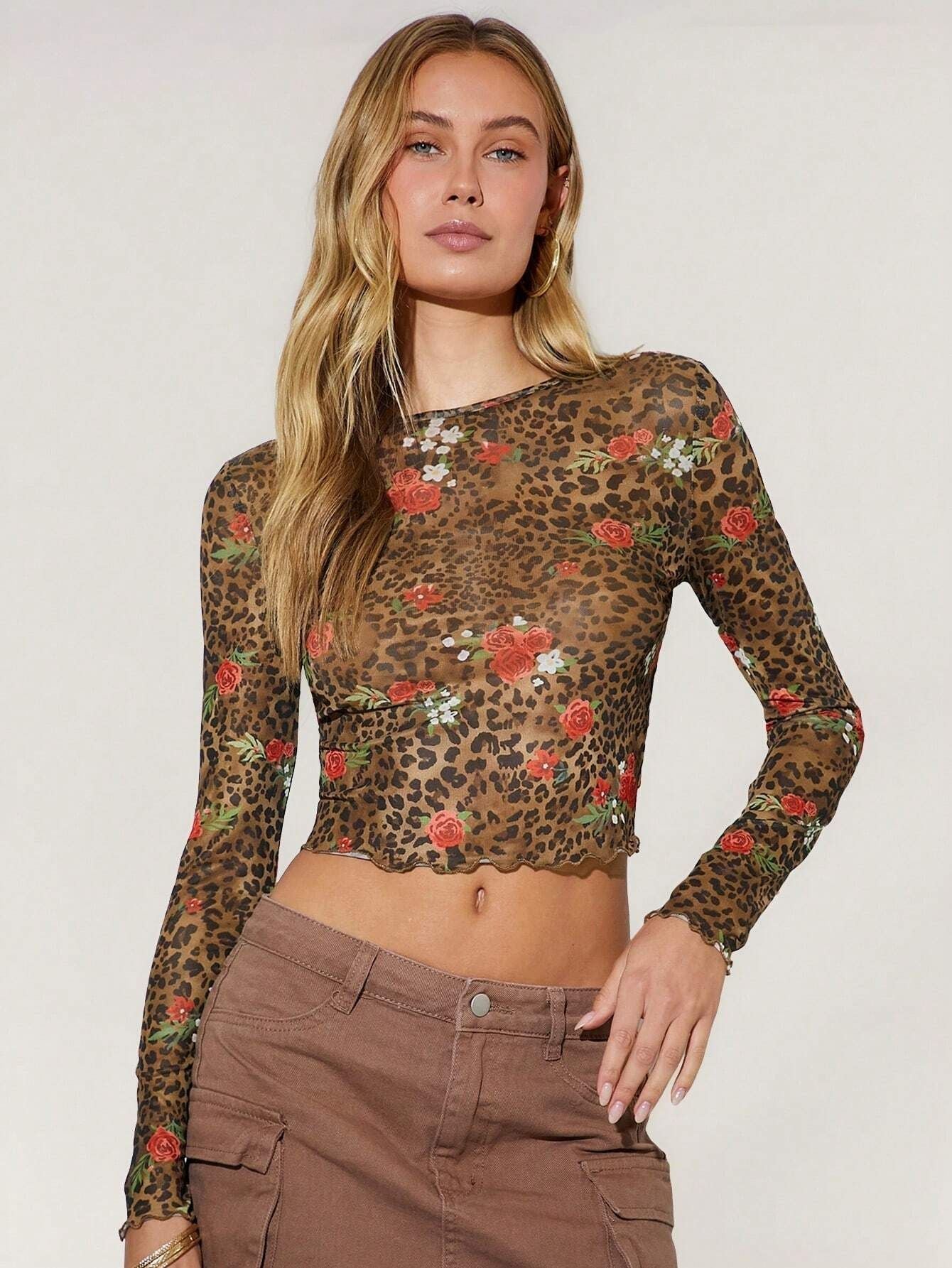 Damen Cropped Langarmshirt mit einzigartigem Leoparden- und Blumenmuster R&B