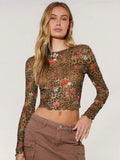 Damen nan feines Mesh-Crop-Top mit Leoparden- und Rosenprint R&B