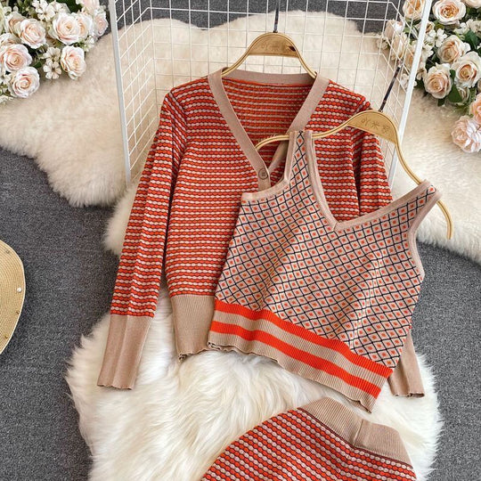 Damen Stylisches Strick-Loungewear-Set mit Tiefem V-Ausschnitt und Weit Geschnittenen Hosen R&B