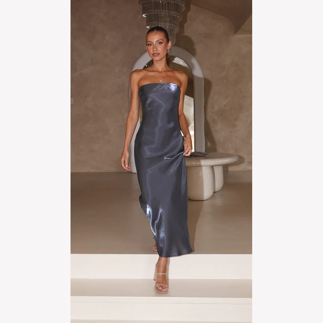 Damen Elegantes Bandeau-Maxikleid mit fließendem Satin und körpernaher Silhouette R&B
