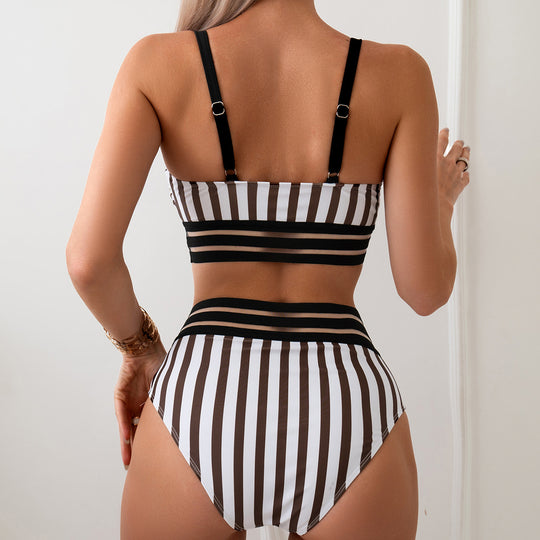 Damen hochgeschnittener Bikini mit modischen Streifen R&B