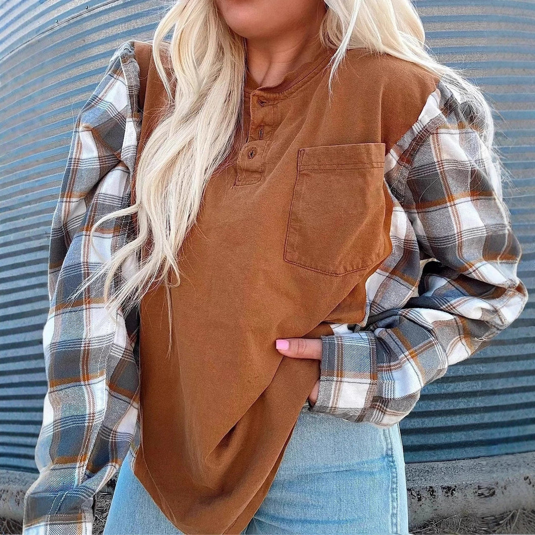 Damen nan weiter Henleypullover im Lagenlook mit karierten Ärmeln und Brusttasche R&B