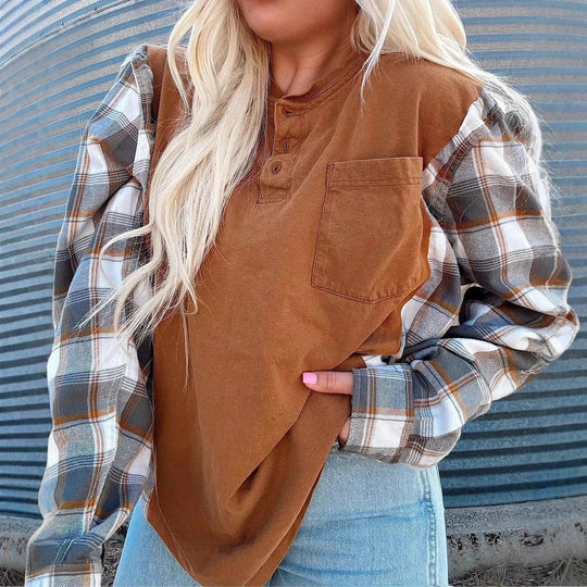 Damen nan weiter Henleypullover im Lagenlook mit karierten Ärmeln und Brusttasche R&B