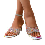 Damen Offene Mules mit funkelndem Strass und modischem Blockabsatz R&B