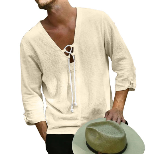 Herren lässige Leinenbluse mit V-Ausschnitt und Kordelzug R&B