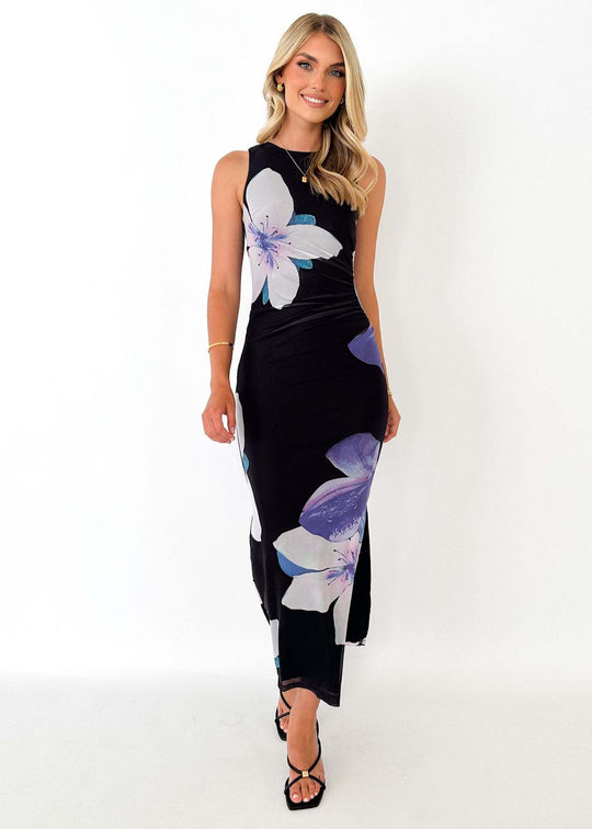 Damen Elegantes Bodenlanges Kleid mit modernem Aquarellmuster und figurbetontem Schnitt R&B